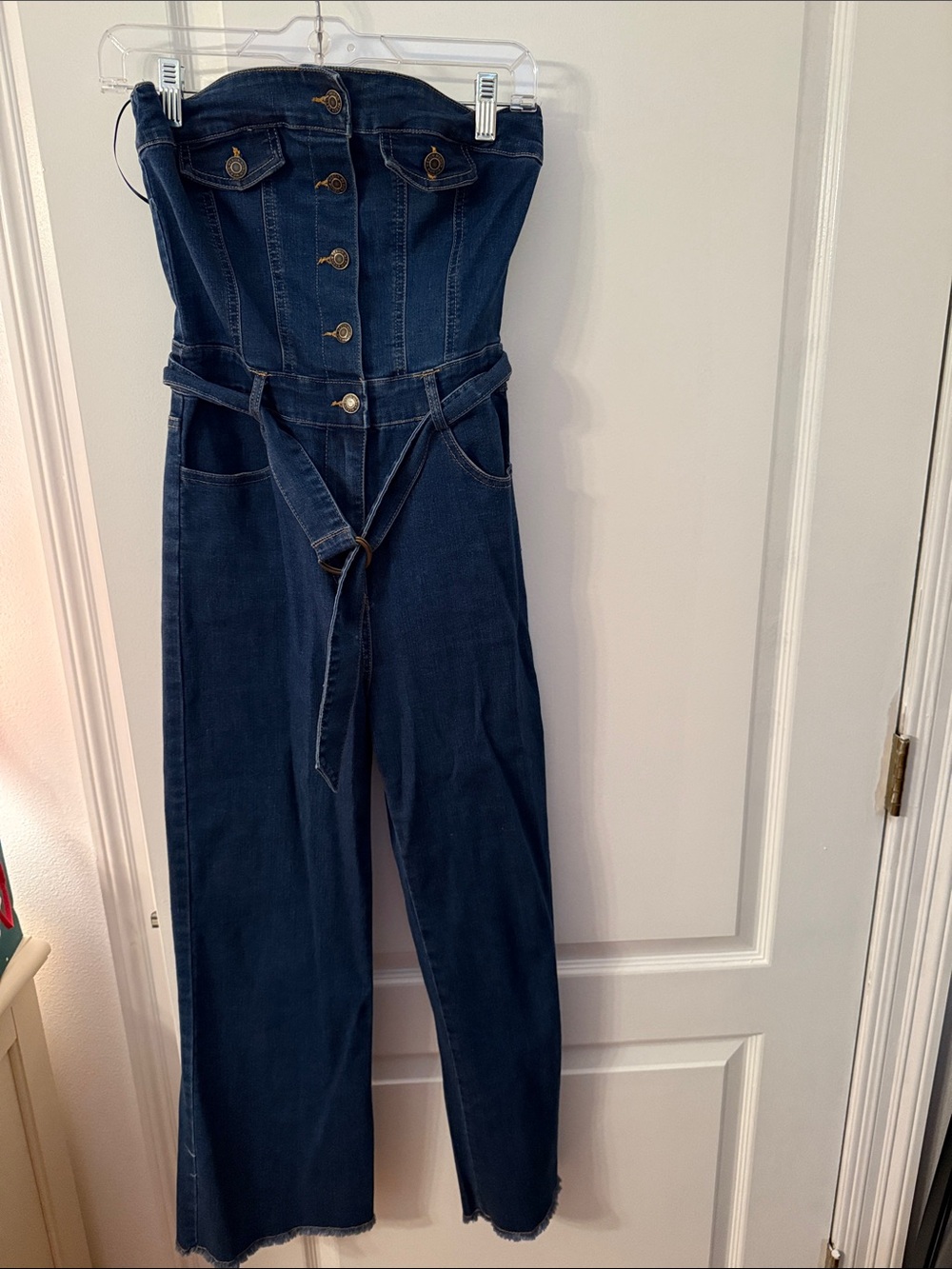 Strapless Dark Blue Denim Jumpsuit with Waist Tie